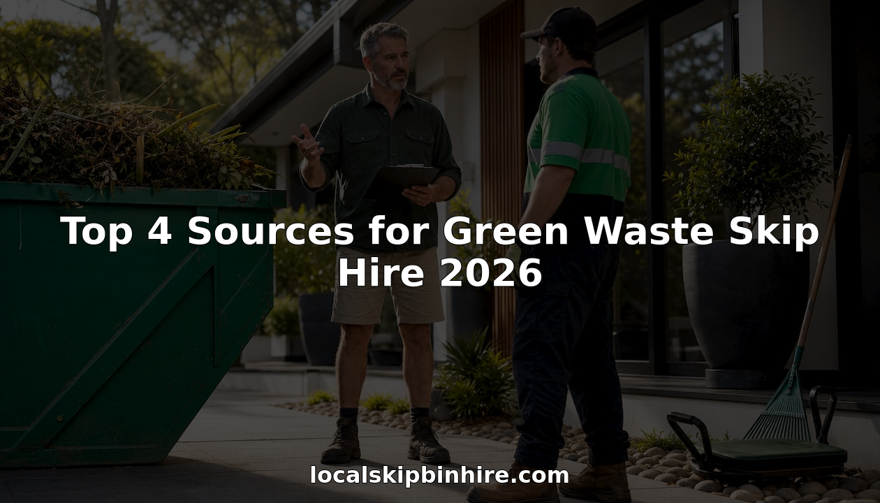 Man consulting with skip hire driver outdoors near green waste skip bin