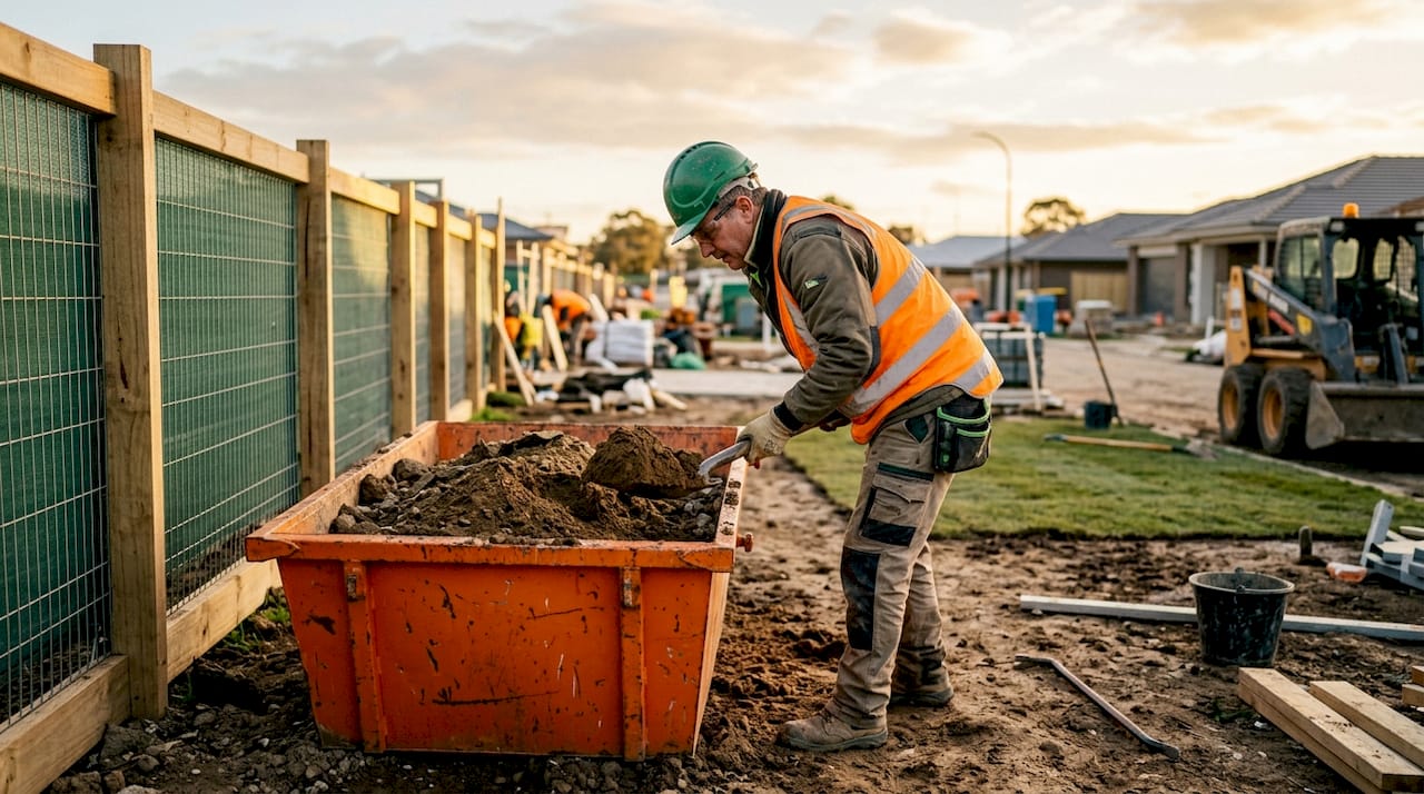 Worker shoveling soil into skip bin outdoors