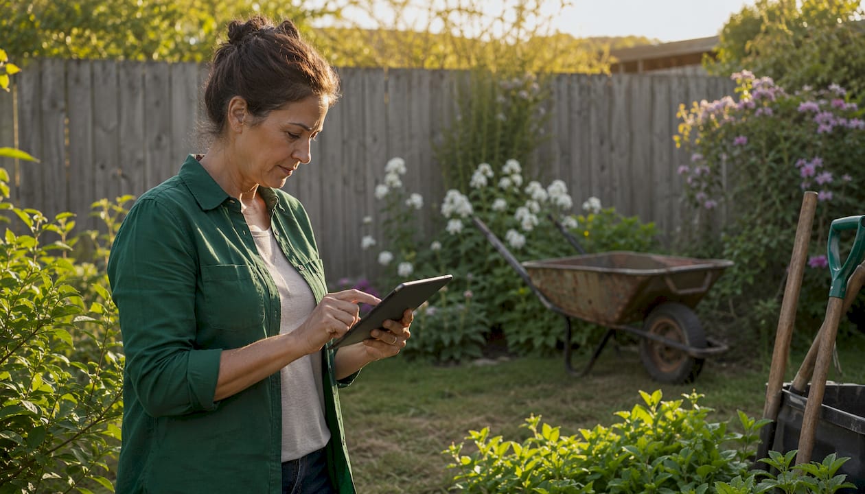 Homeowner checking skip bin quote on tablet at driveway