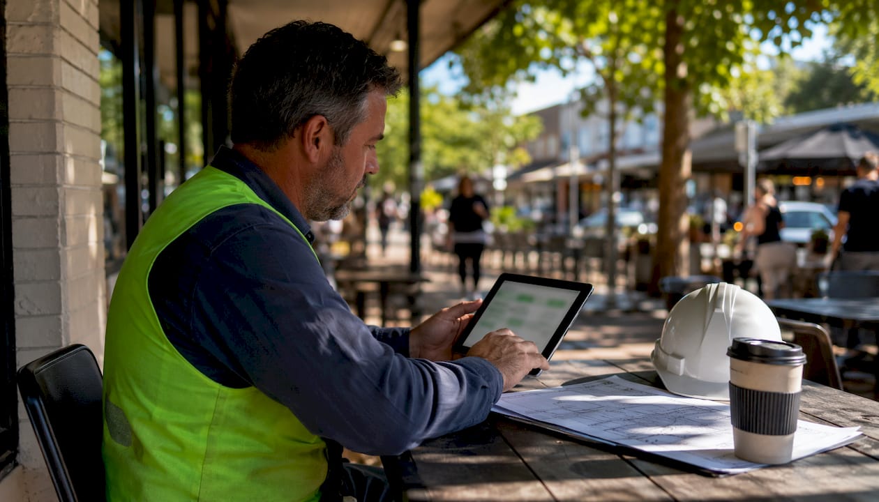 Man booking skip bin online outdoors
