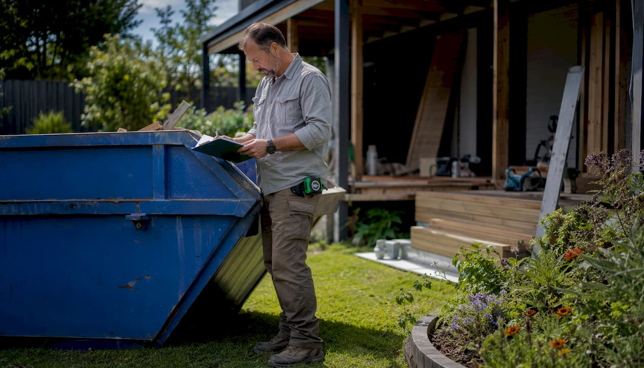Man reviewing skip bin paperwork outdoors