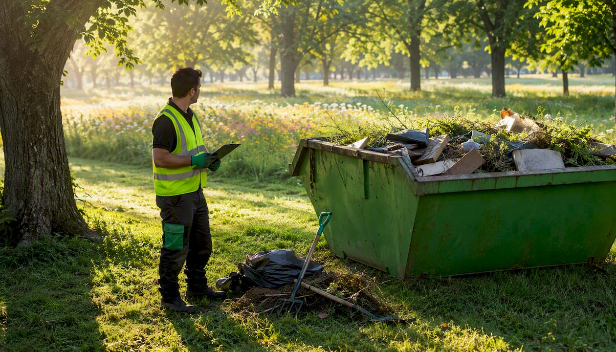 Rubbish removal worker by skip bin outdoors