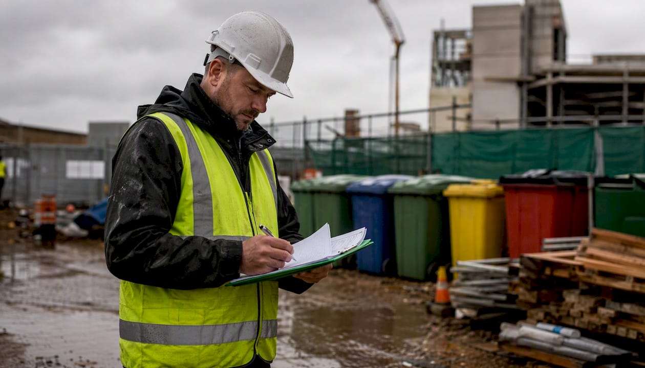 Contractor reviewing construction waste management plan on site