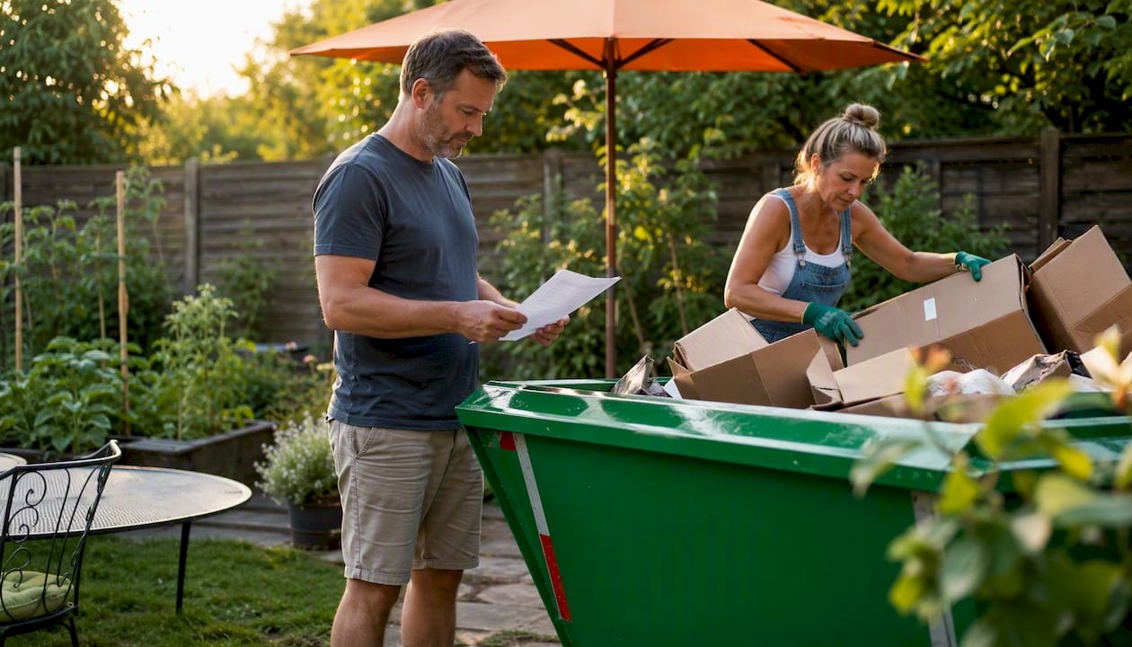 Homeowners inspecting skip bin delivery in Adelaide