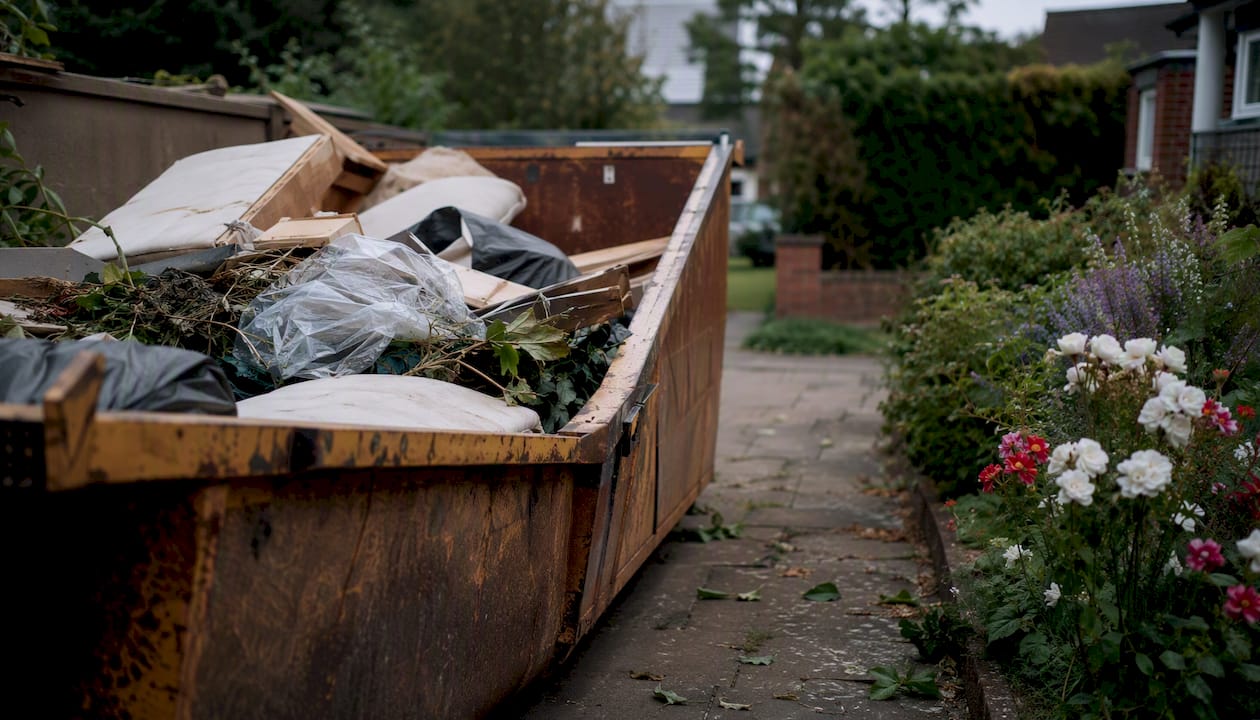 Skip bin filled with household waste in driveway