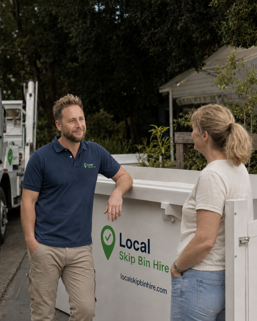 Brett from Local Skip Bin Hire speaking with a customer beside a delivered skip bin
